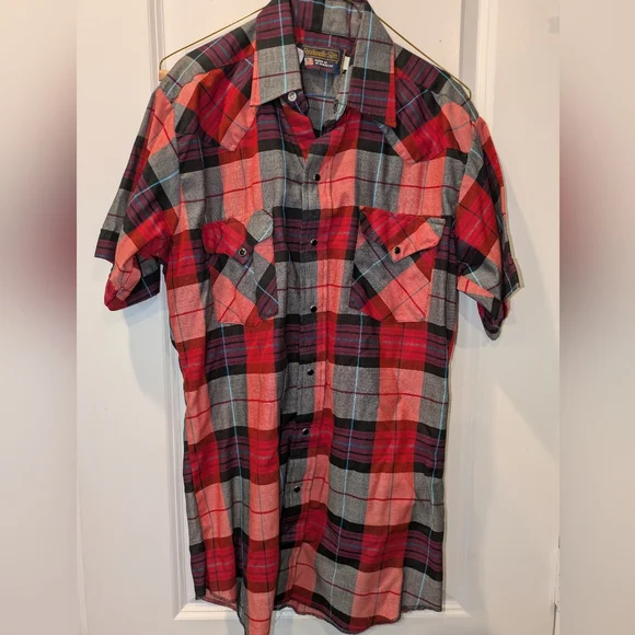 Vintage Panhandle Slim Western Snap Shirt Red Plaid Made USA 15.5 - Picture 2 of 5